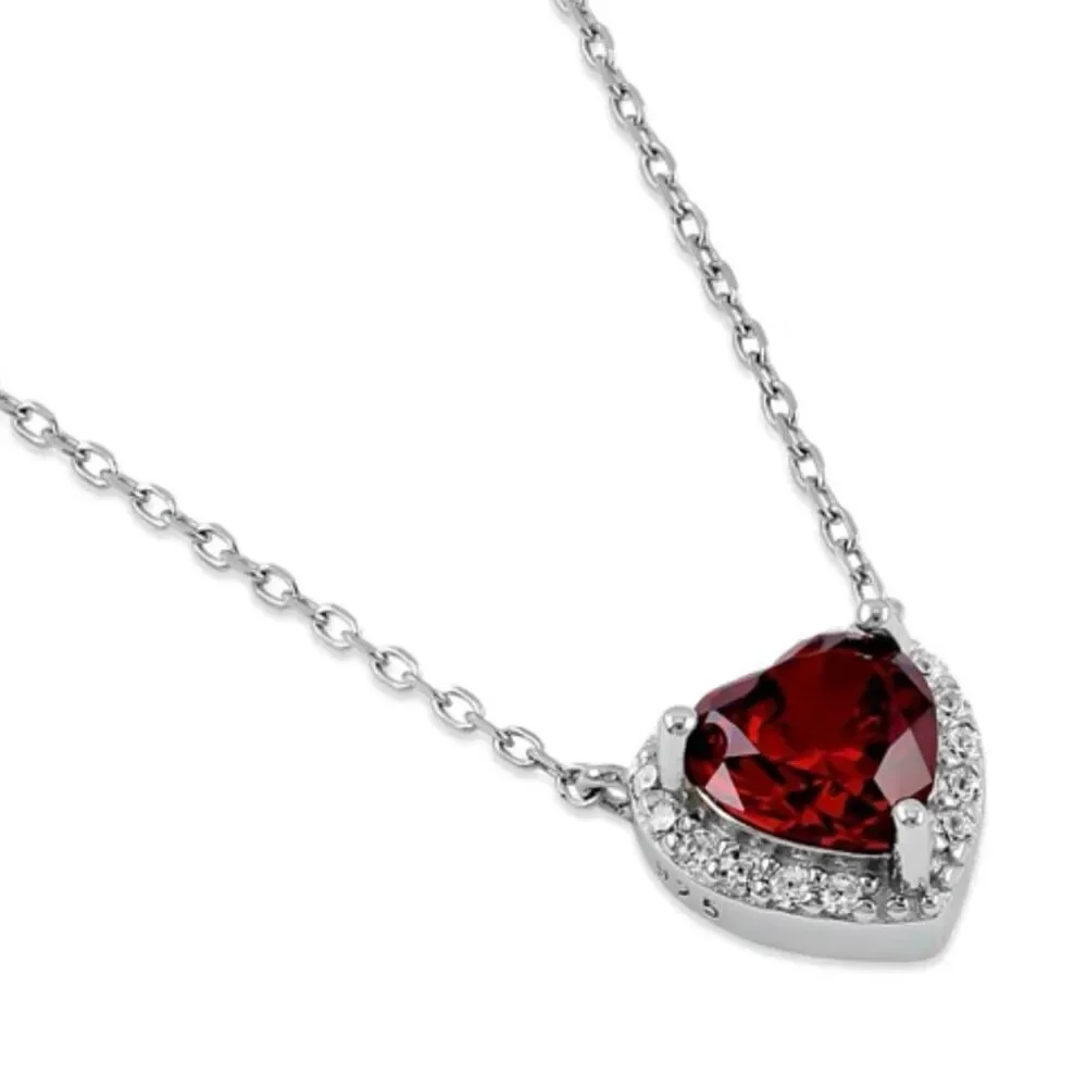 Sterling Silver Dark Garnet and Heart Halo Necklace New